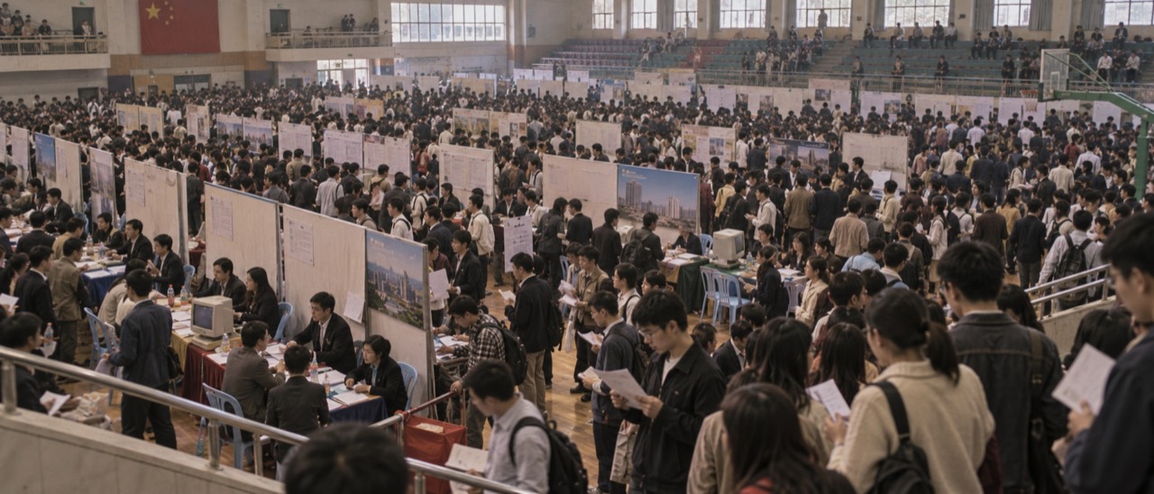 招聘会上，人们在展位间看招聘信息